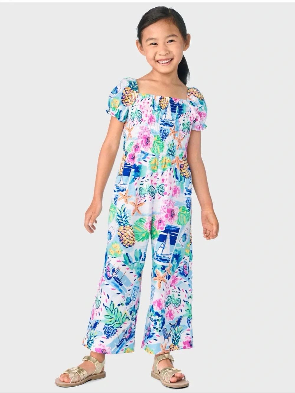 Gymboree Girls Bon Voyage Tropical Smocked Jumpsuit, Size 8